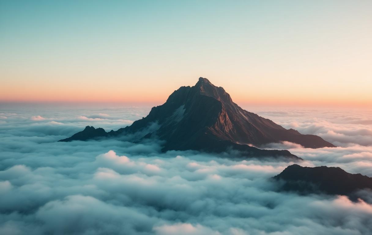 Cume de montanha acima das nuvens: perspectiva e conquista